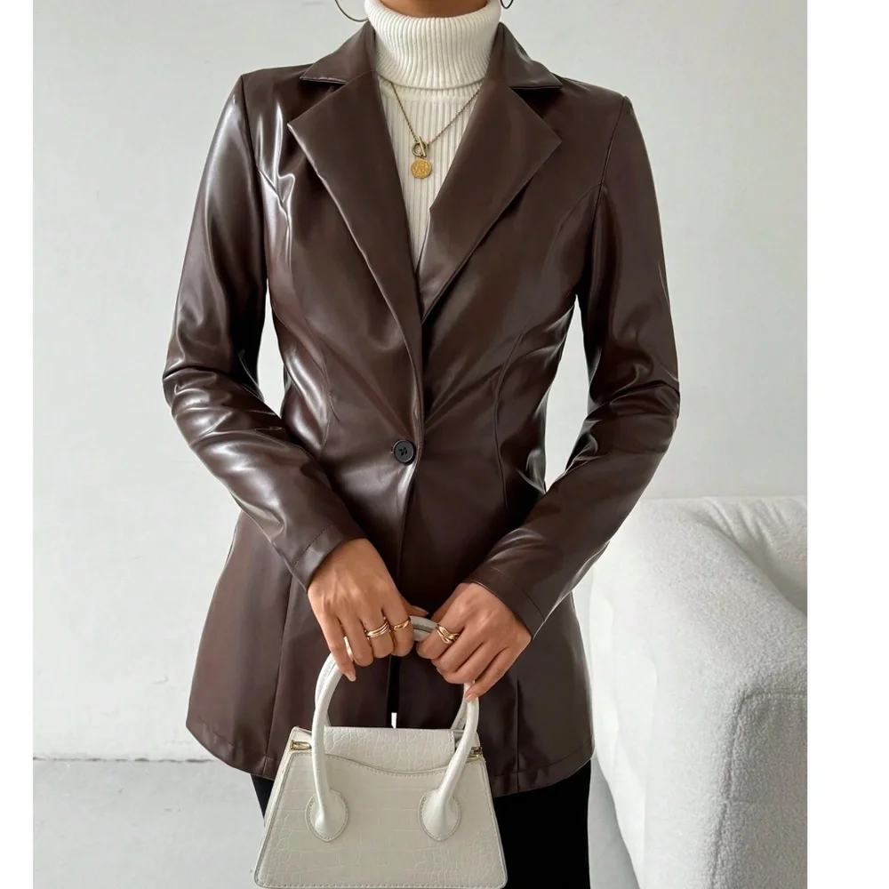 Luxe Burgundy Vegan Leather Button Blazer Jacket Coat - Picture 2 of 9